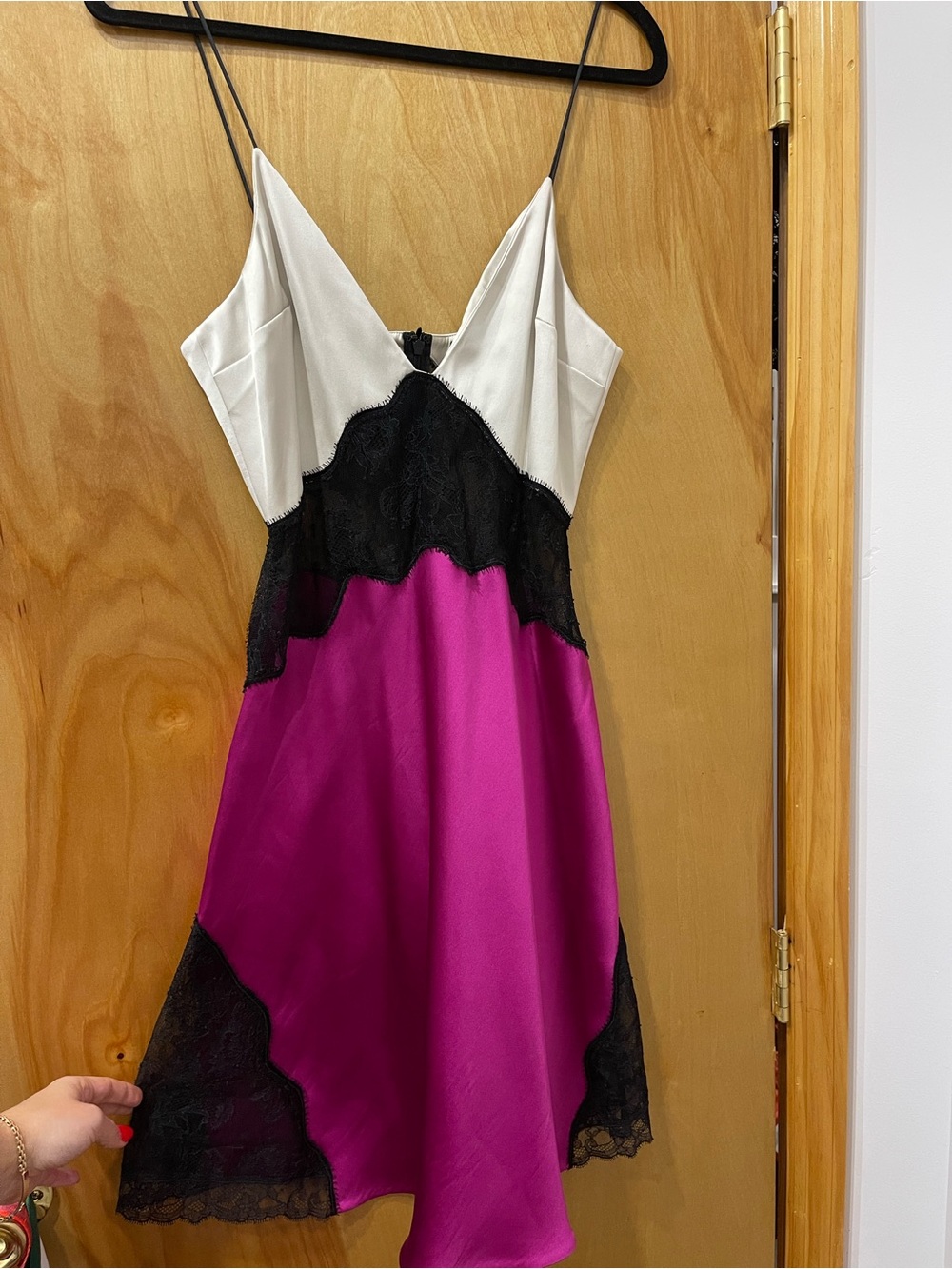 Silk Colorblock Slip Dress with Lace Trim